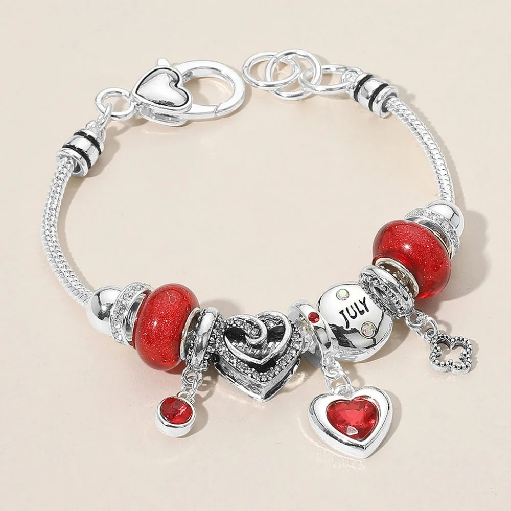 July - Birthstone Heart Charm Multi Beaded Bracelet